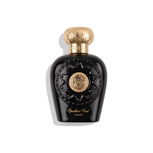 Bottle of Lattafa Opulent Oud EDP fragrance on a white background with soft shadow