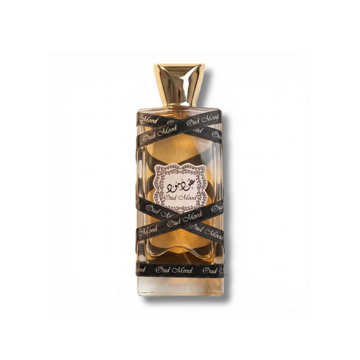 Bottle of Lattafa Oud Mood EDP fragrance on a white background with soft shadow