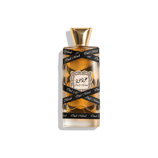 Bottle of Lattafa Oud Mood EDP fragrance on a white background with soft shadow