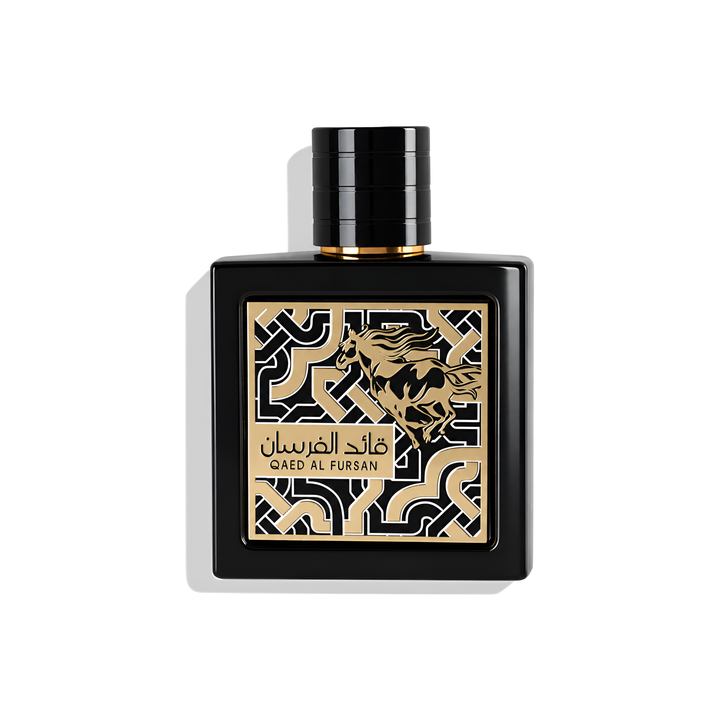 Bottle of Lattafa Qaed Al Fursan EDP fragrance on a white background with soft shadow
