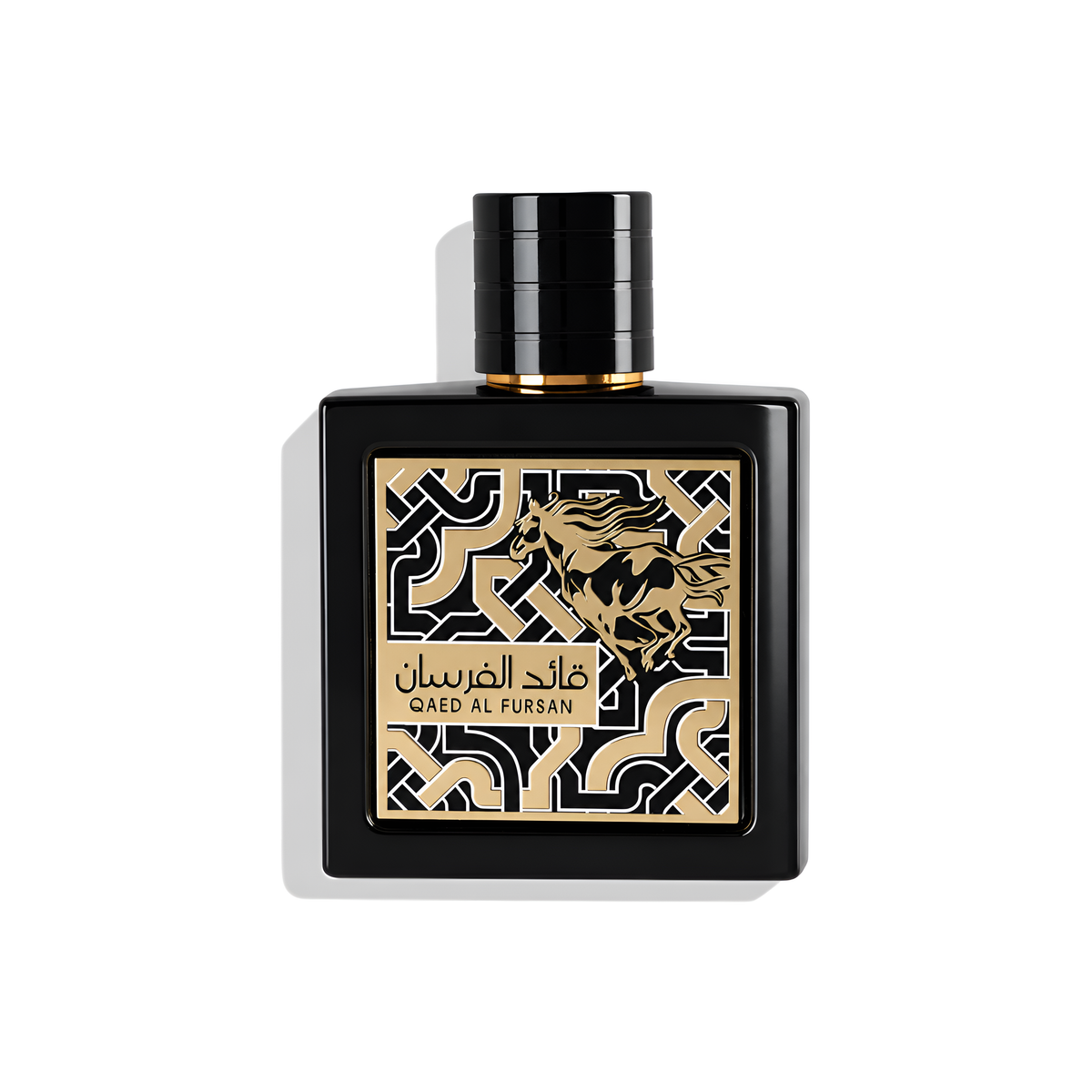 Bottle of Lattafa Qaed Al Fursan EDP fragrance on a white background with soft shadow