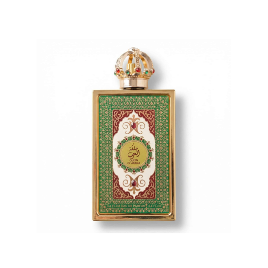 Bottle of Lattafa Queen of Arabia EDP fragrance on a white background with soft shadow