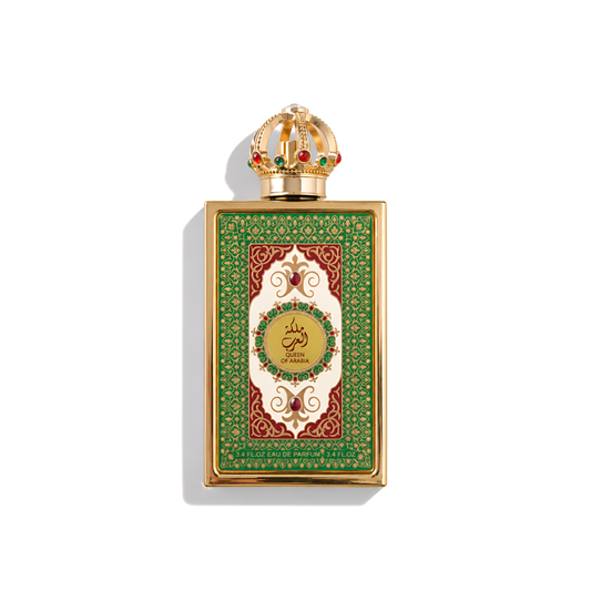 Bottle of Lattafa Queen of Arabia EDP fragrance on a white background with soft shadow