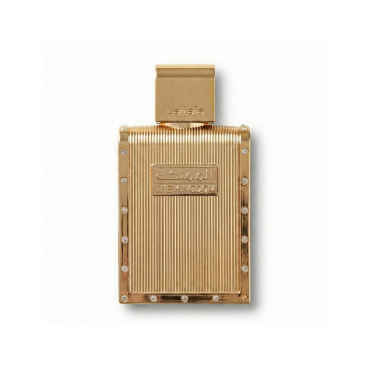 Bottle of Lattafa The Kingdom EDP fragrance on a white background with soft shadow