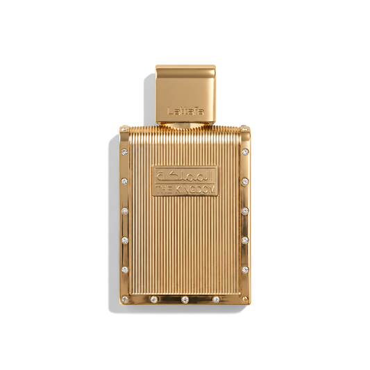 Bottle of Lattafa The Kingdom EDP fragrance on a white background with soft shadow