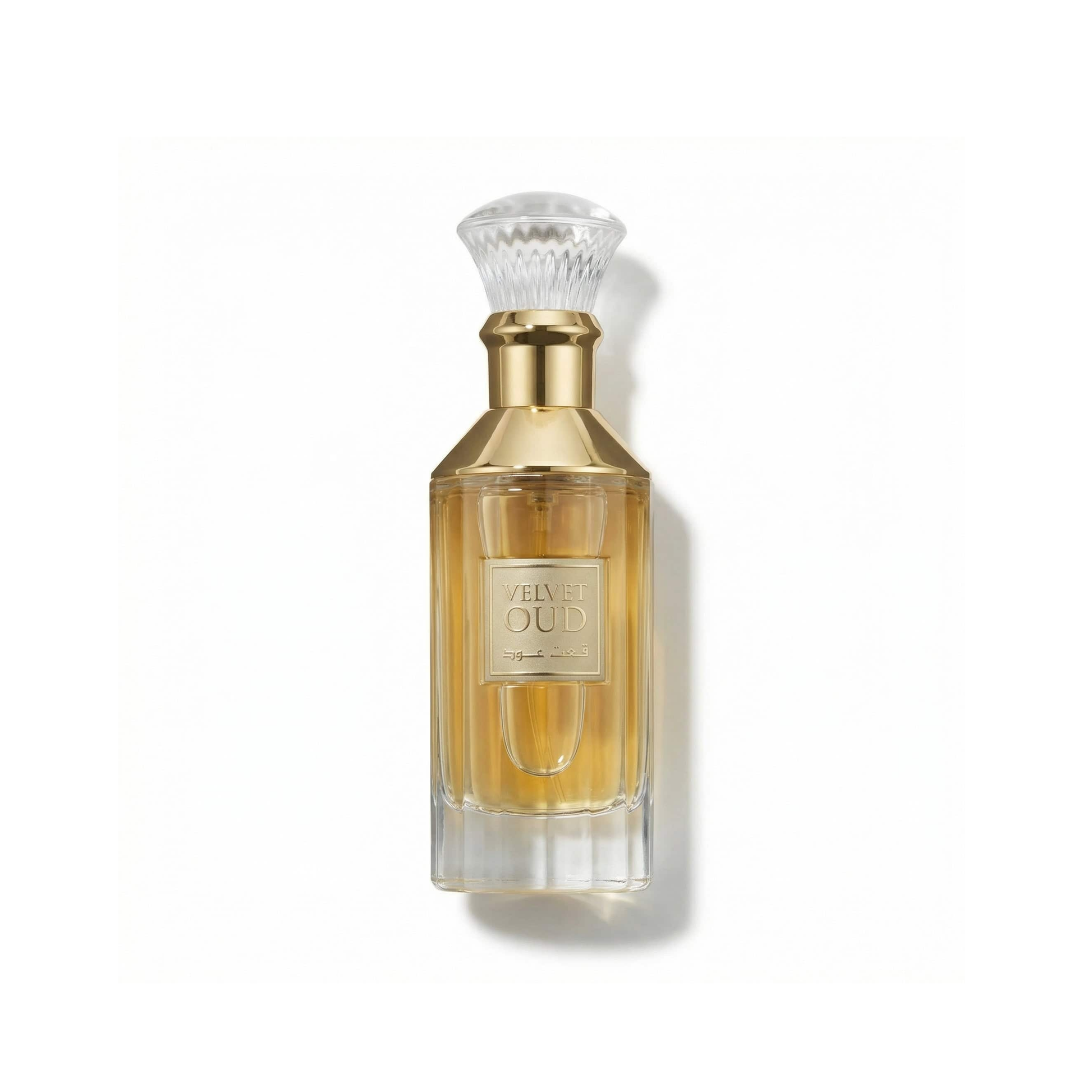 Bottle of Lattafa Velvet Oud EDP fragrance on a white background with soft shadow