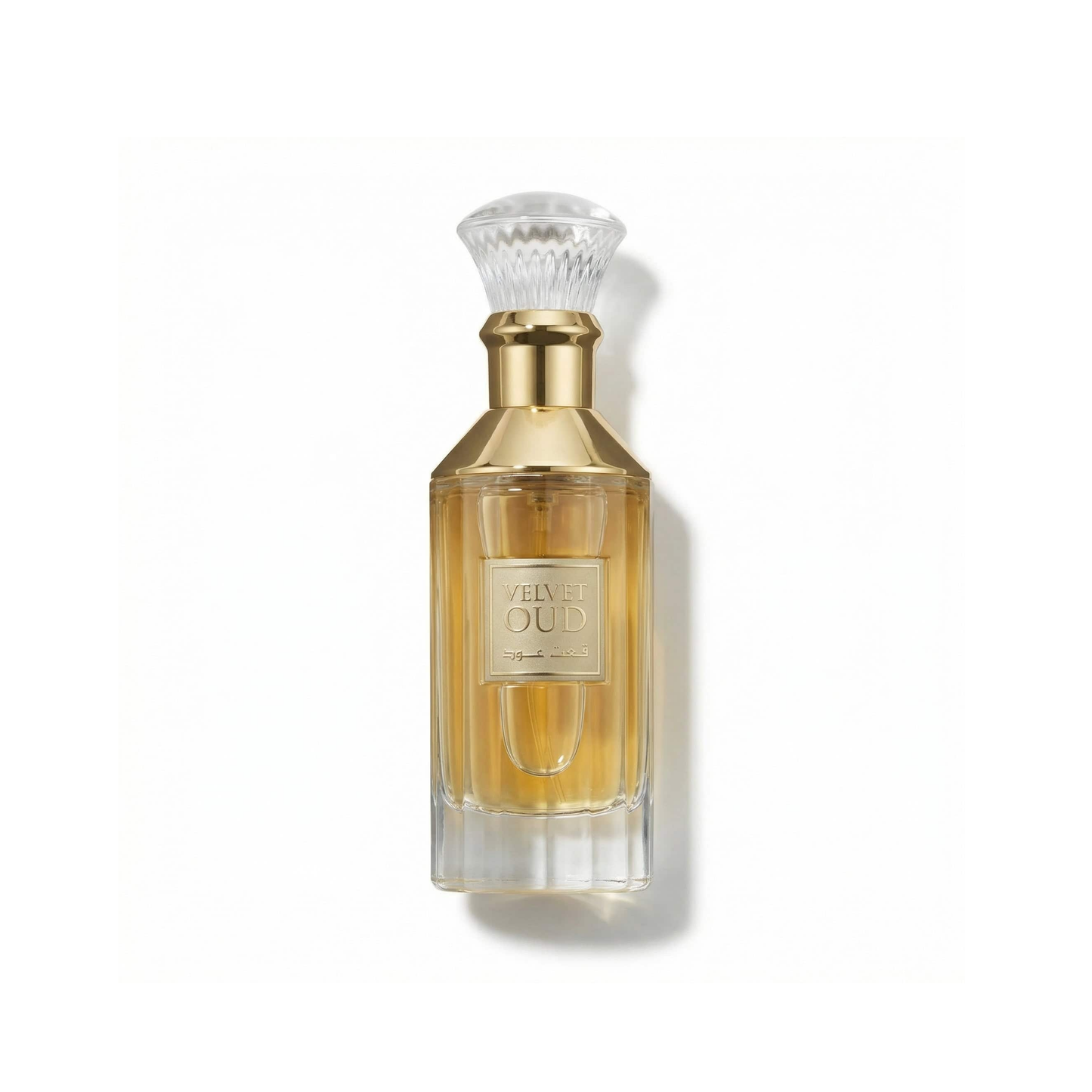 Bottle of Lattafa Velvet Oud EDP fragrance on a white background with soft shadow