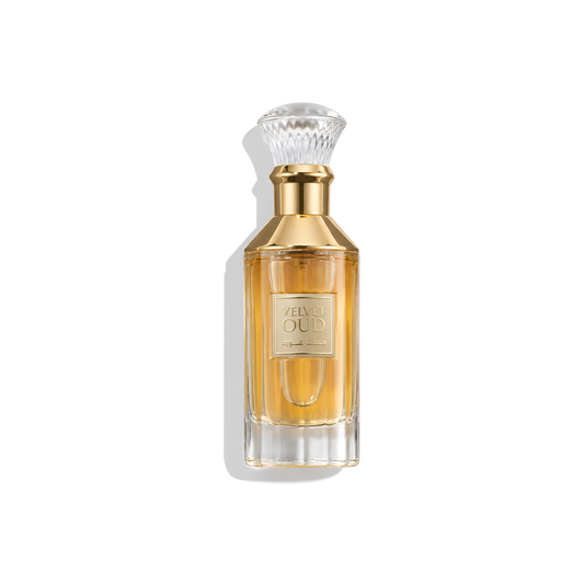 Bottle of Lattafa Velvet Oud EDP fragrance on a white background with soft shadow