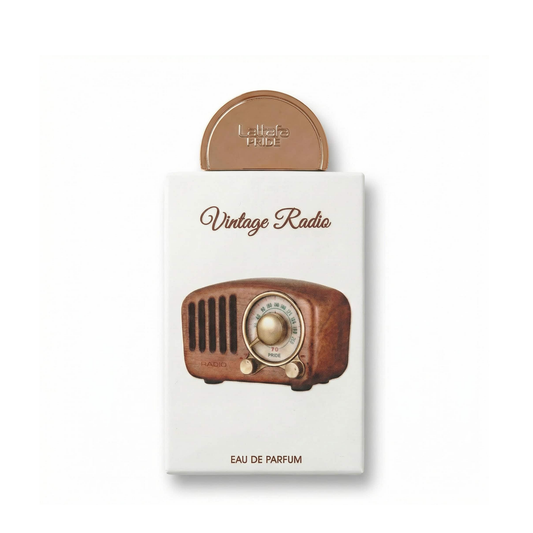Bottle of Lattafa Vintage Radio EDP fragrance on a white background with soft shadow