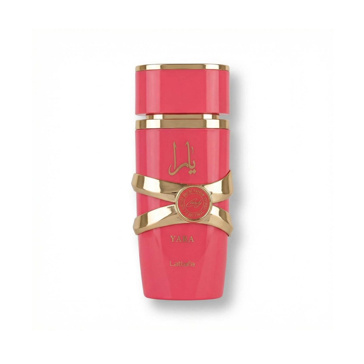 Bottle of Lattafa Yara Candy EDP fragrance on a white background with soft shadow