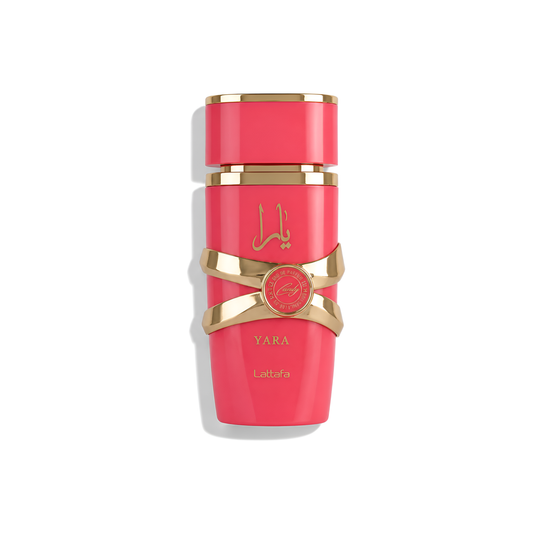 Bottle of Lattafa Yara Candy EDP fragrance on a white background with soft shadow