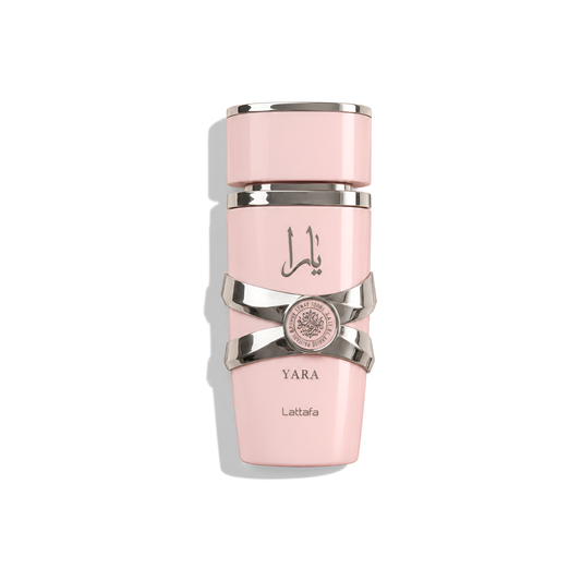 Bottle of Lattafa Yara EDP fragrance on a white background with soft shadow