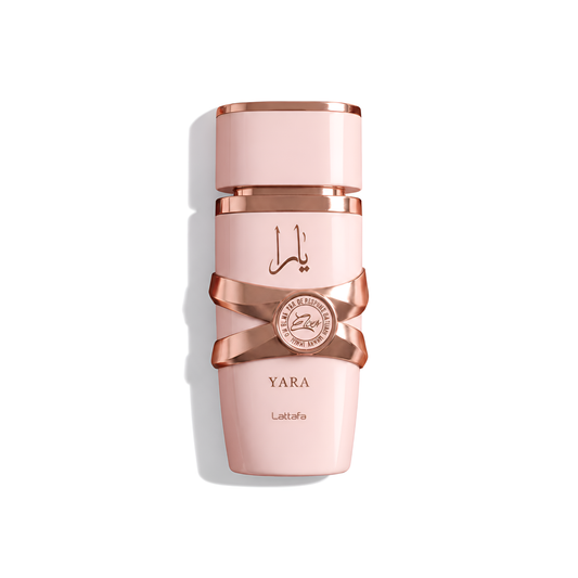 Bottle of Lattafa Yara Elixir fragrance on a white background with soft shadow