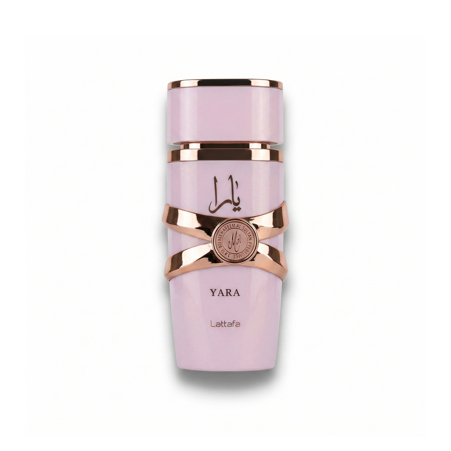 Bottle of Lattafa Yara Moi EDP fragrance on a white background with soft shadow