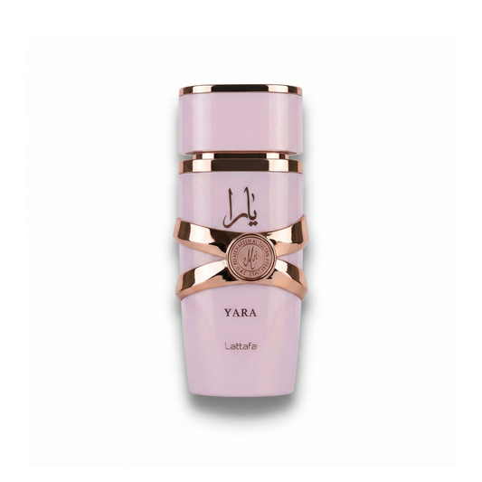 Bottle of Lattafa Yara Moi EDP fragrance on a white background with soft shadow