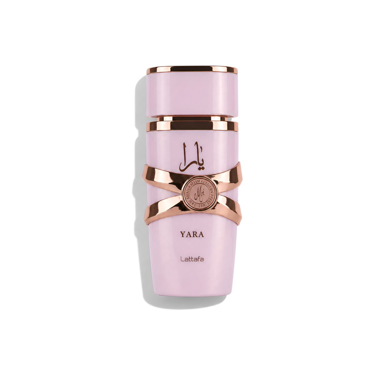 Bottle of Lattafa Yara Moi EDP fragrance on a white background with soft shadow