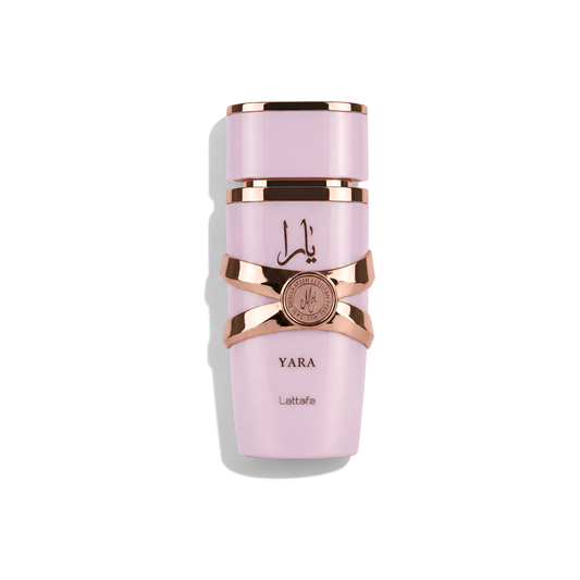 Bottle of Lattafa Yara Moi EDP fragrance on a white background with soft shadow