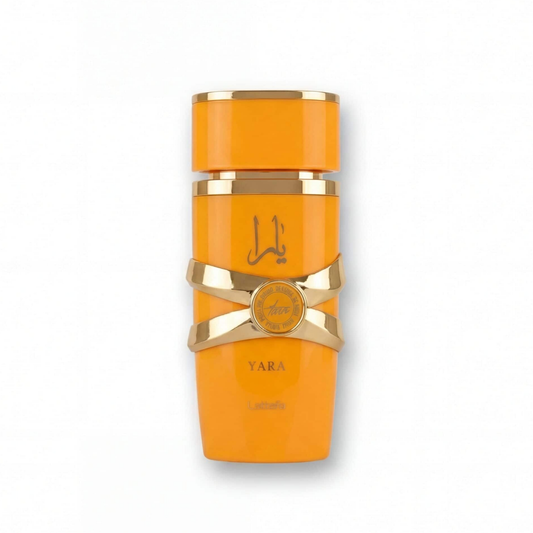 Bottle of Lattafa Yara Tous EDP fragrance on a white background with soft shadow