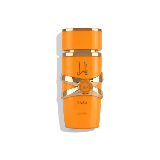 Bottle of Lattafa Yara Tous EDP fragrance on a white background with soft shadow