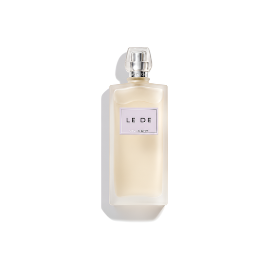 Bottle of Le De Givenchy EDT fragrance on a white background with soft shadow
