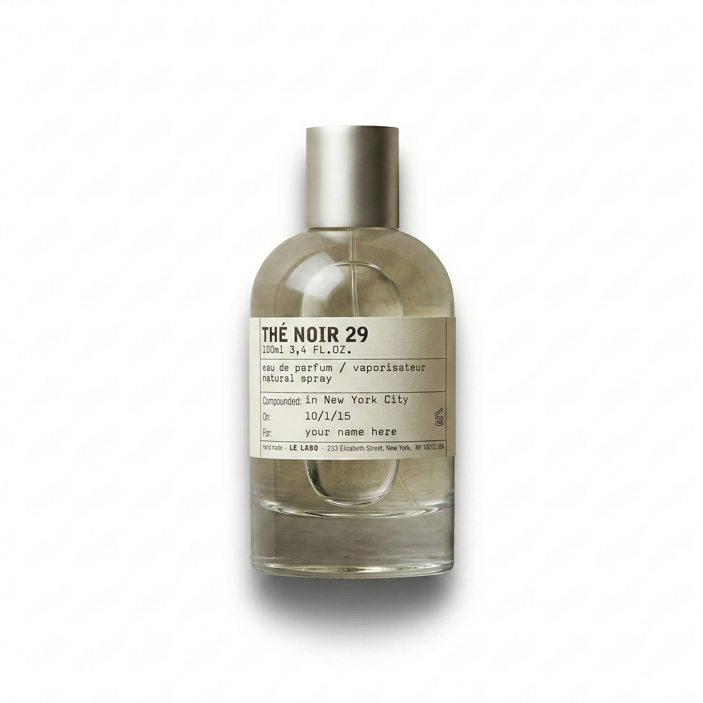 Bottle of Le Labo The Noir 29 EDP fragrance on a white background with soft shadow