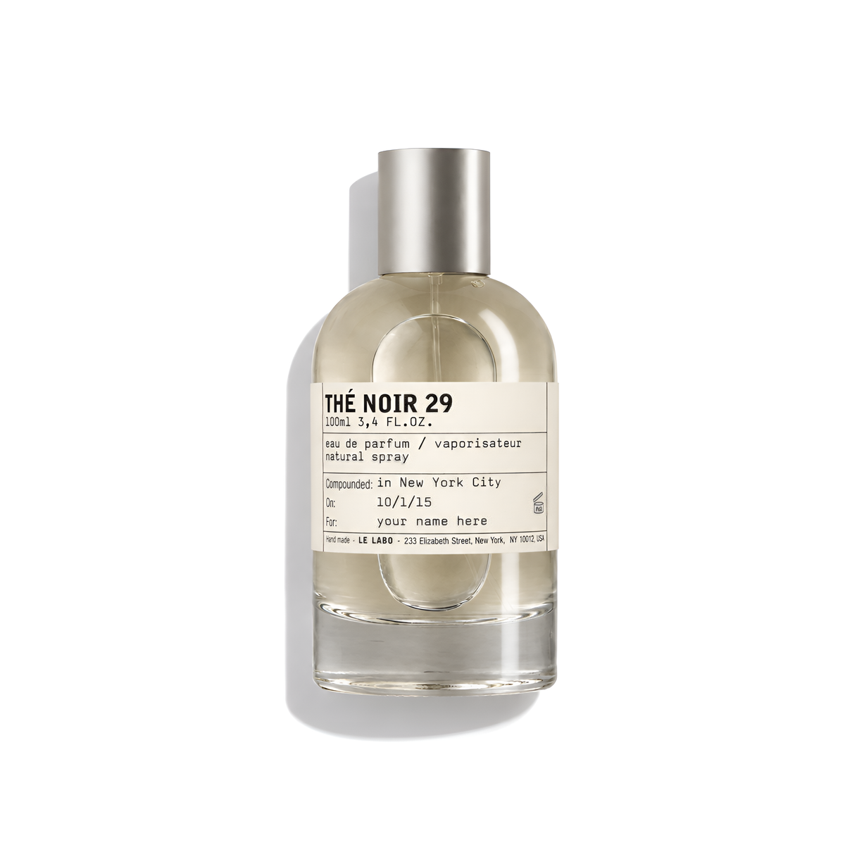 Bottle of Le Labo The Noir 29 EDP fragrance on a white background with soft shadow