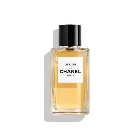 Bottle of Le Lion de Chanel EDP fragrance on a white background with soft shadow