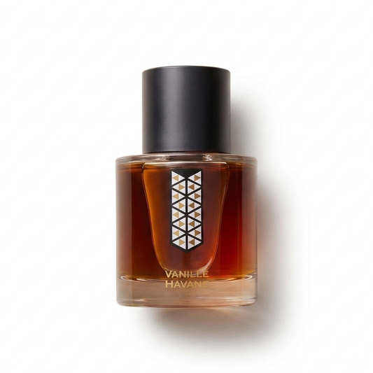 Bottle of Les Indémodables Vanille Havane EDP fragrance on a white background with soft shadow