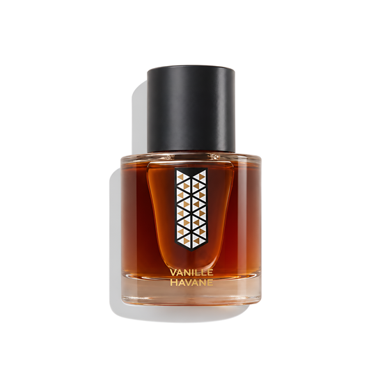 Bottle of Les Indémodables Vanille Havane EDP fragrance on a white background with soft shadow