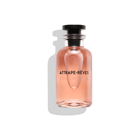 Bottle of Louis Vuitton Attrape Rêves EDP fragrance on a white background with soft shadow