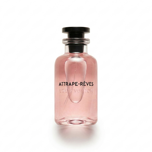 Bottle of Louis Vuitton Attrape Rêves EDP fragrance on a white background with soft shadow