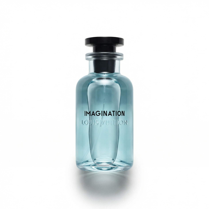 Bottle of Louis Vuitton Imagination Cologne fragrance on a white background with soft shadow