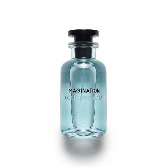 Bottle of Louis Vuitton Imagination EDP fragrance on a white background with soft shadow