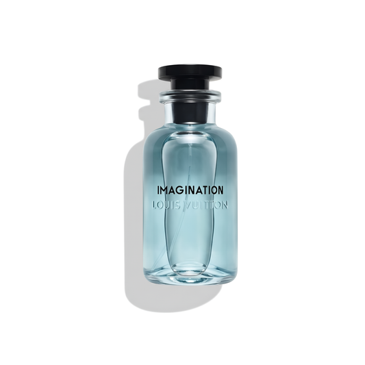 Bottle of Louis Vuitton Imagination EDP fragrance on a white background with soft shadow