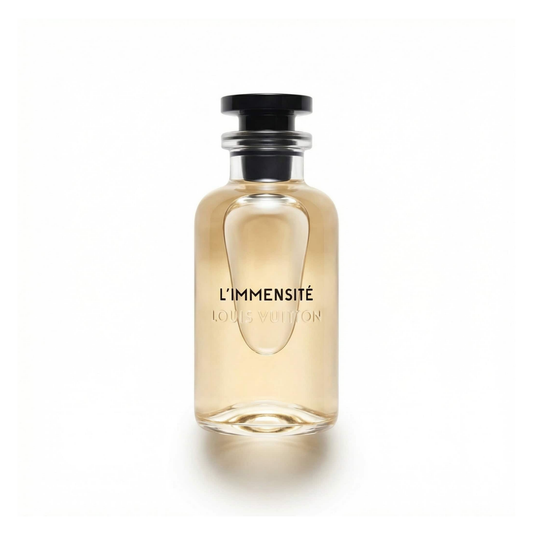 Bottle of Louis Vuitton L'Immensite Parfum fragrance on a white background with soft shadow