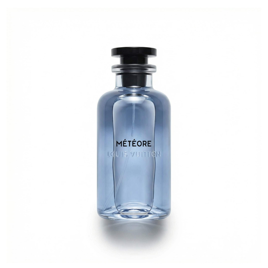 Bottle of Louis Vuitton Meteore EDP fragrance on a white background with soft shadow