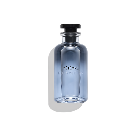 Bottle of Louis Vuitton Meteore EDP fragrance on a white background with soft shadow