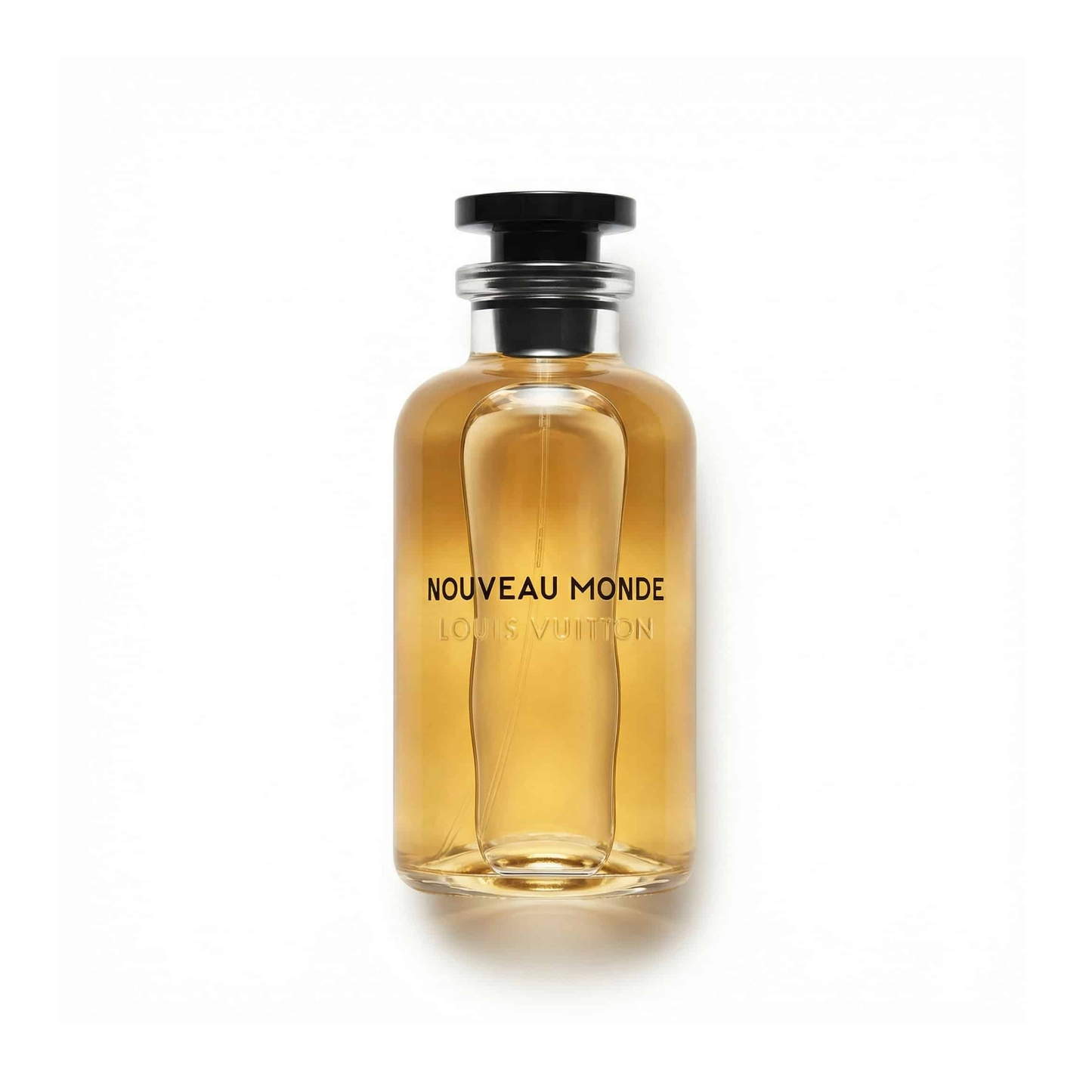 Bottle of Louis Vuitton Nouveau Monde EDP fragrance on a white background with soft shadow