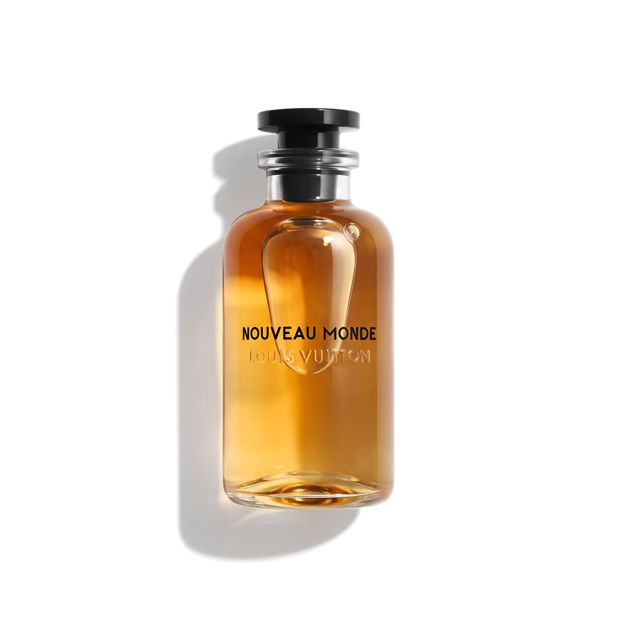Bottle of Louis Vuitton Nouveau Monde EDP fragrance on a white background with soft shadow