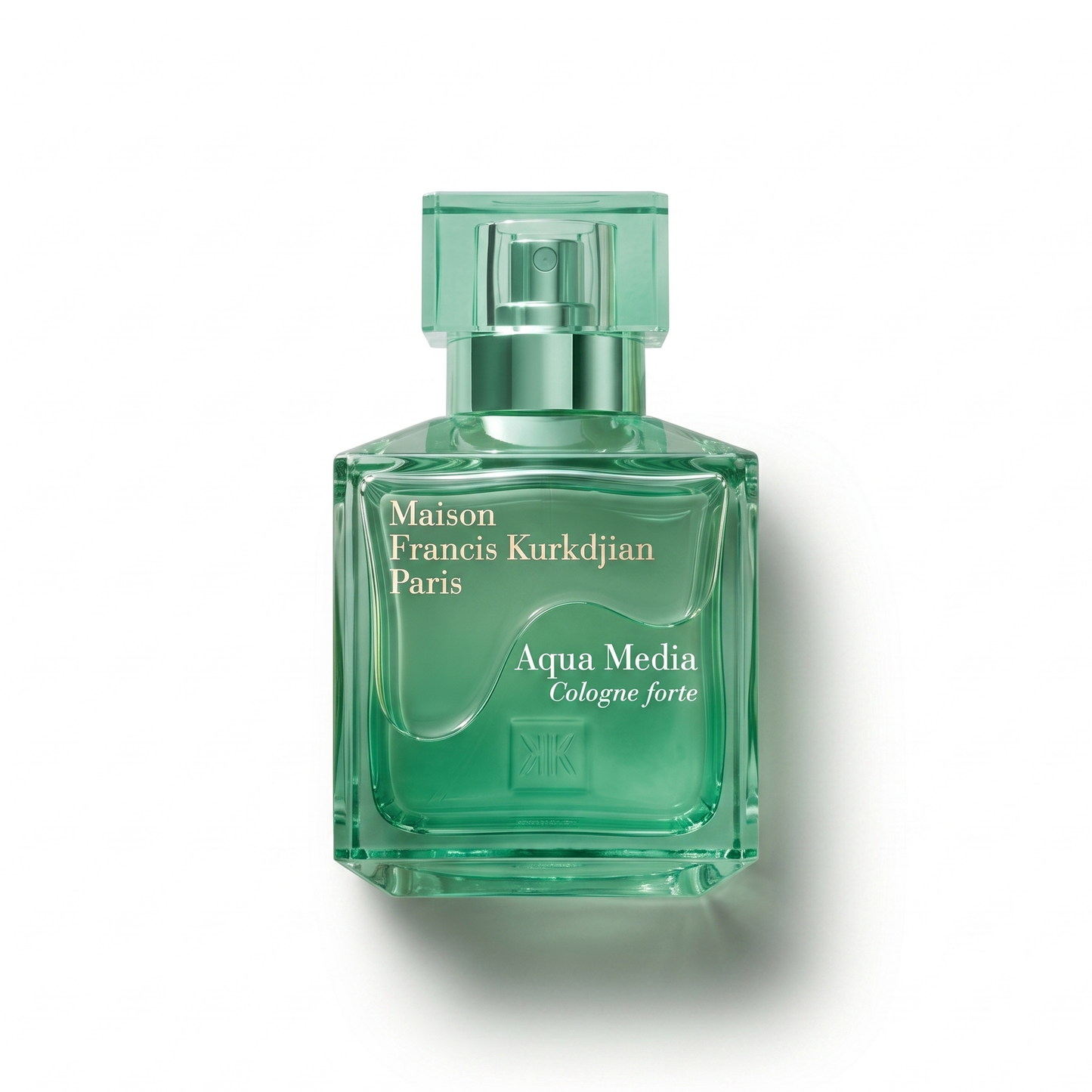 Bottle of MFK Aqua Media Cologne Forte fragrance on a white background with soft shadow