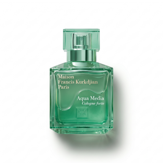 Bottle of MFK Aqua Media Cologne Forte fragrance on a white background with soft shadow