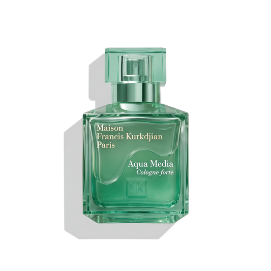 Bottle of MFK Aqua Media Cologne Forte fragrance on a white background with soft shadow