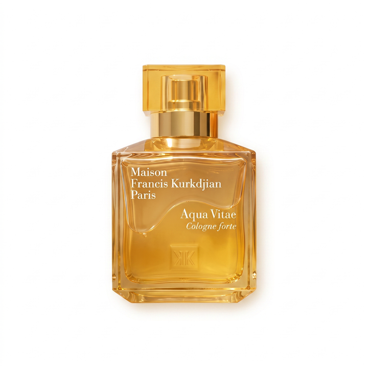 Bottle of MFK Aqua Vitae Cologne Forte fragrance on a white background with soft shadow