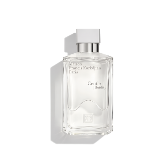Bottle of MFK Gentle Fluidity Silver EDP fragrance on a white background with soft shadow
