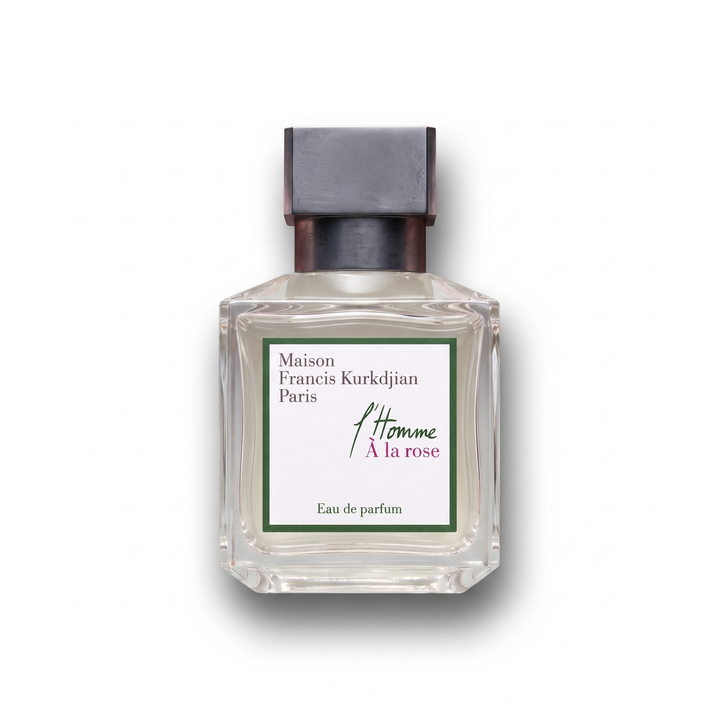 Bottle of MFK L'Homme À la Rose EDP fragrance on a white background with soft shadow