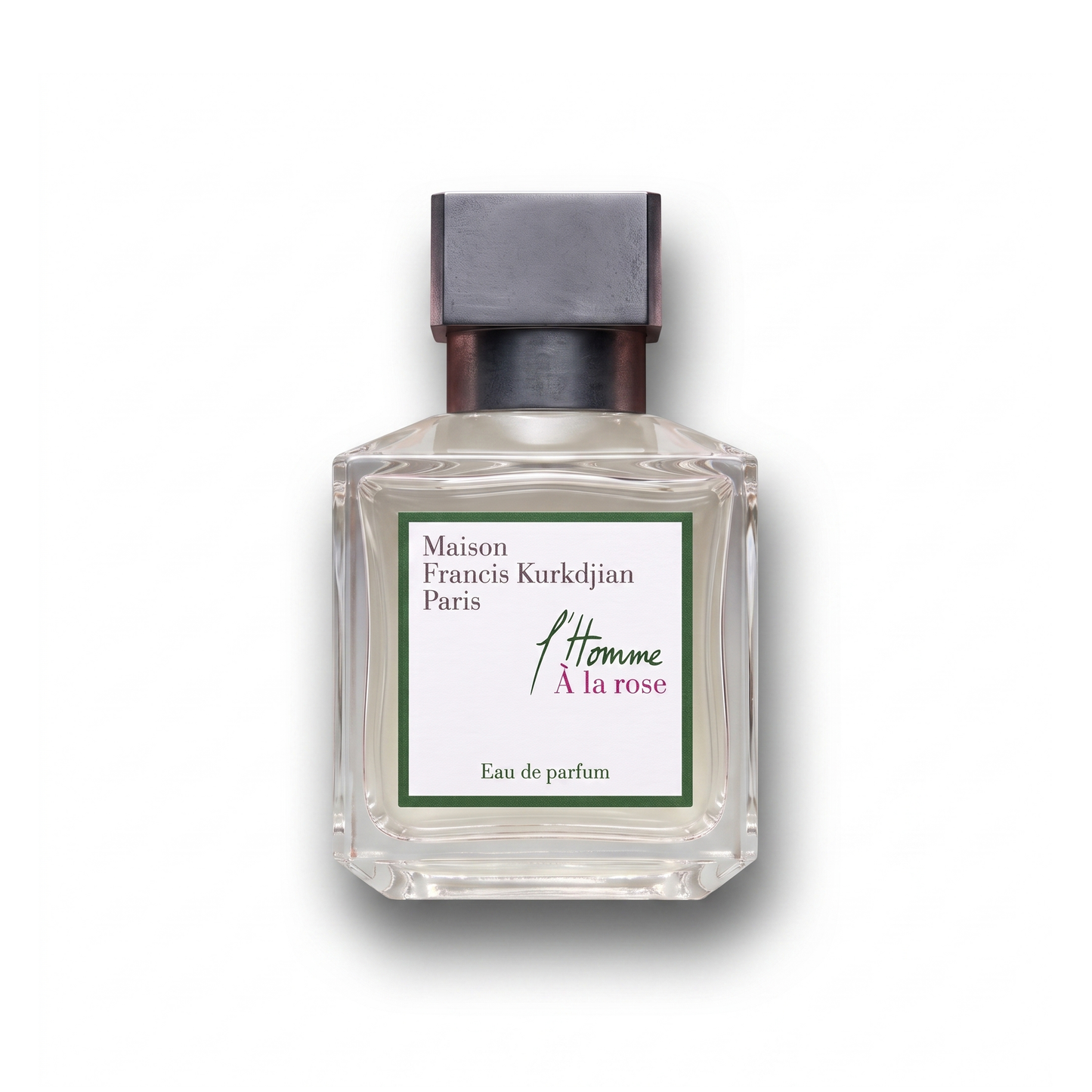 Bottle of MFK L'Homme À la Rose EDP fragrance on a white background with soft shadow
