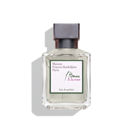 Bottle of MFK L'Homme À la Rose EDP fragrance on a white background with soft shadow