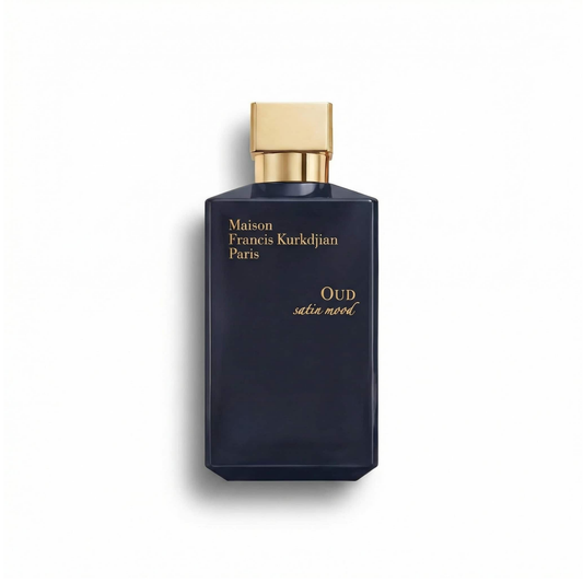Bottle of MFK Oud Satin Mood EDP fragrance on a white background with soft shadow