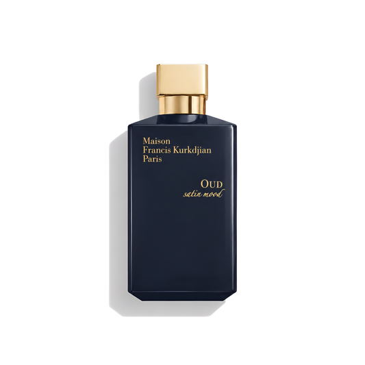 Bottle of MFK Oud Satin Mood EDP fragrance on a white background with soft shadow