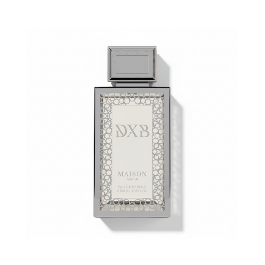 Bottle of Maison Asrar DXB EDP fragrance on a white background with soft shadow
